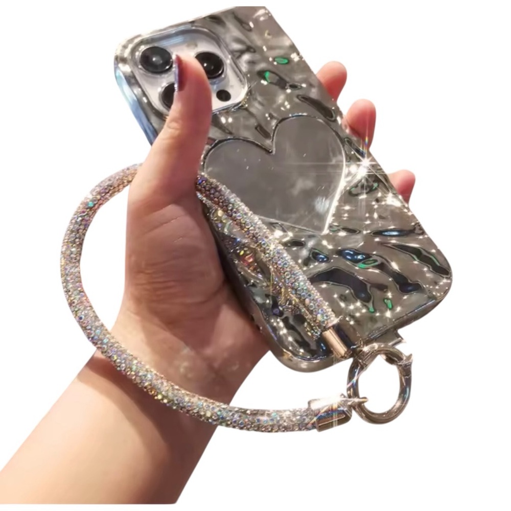 Hands Free Phone Silver Wristlet Lanyard  Crystal Metallic Rhinestone NWT
